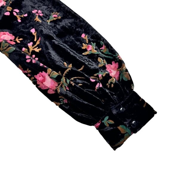 Boho Burntout Velvet Floral Crop Top Blouse Sz.S Black Bishop Sleeve Fairy Goth - Picture 7 of 11